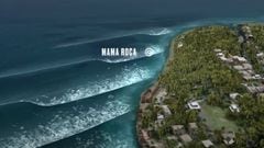 Recreacion 3D de las olas rompiendo en Punta Roca, La Libertad, El Salvador, con el pico de Mama Roca marcado en blanco.