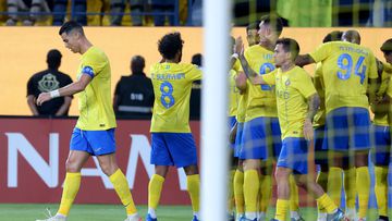 Nassr's Portuguese forward #07 Cristiano Ronaldo and teammates celebrate after he scored a goal during the AFC Champions League Group E football match between Saudi's al-Nassr and Qatar�s al-Duhail at the King Saud University Stadium in Riyadh on October 24, 2023. (Photo by Fayez NURELDINE / AFP)