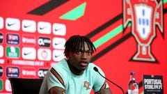 Portugal's forward Rafael Leao attends a press conference at Cidade do Futebol training camp in Oeiras, Portugal, on May 27, 2022. Portugal's football team prepares the upcoming UEFA Nations League matches against Spain, Switzerland and Czech Republic in June. (Photo by Pedro Fiúza/NurPhoto via Getty Images)