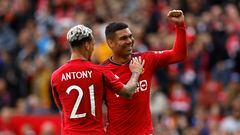 Soccer Football - Pre Season Friendly - Manchester United v RC Lens - Old Trafford, Manchester, Britain - August 5, 2023  Manchester United's Casemiro celebrates scoring their third goal with Antony Action Images via Reuters/Jason Cairnduff