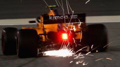 BAHRAIN, BAHRAIN - APRIL 06: Sparks fly behind Stoffel Vandoorne of Belgium driving the (2) McLaren F1 Team MCL33 Renault on track during practice for the Bahrain Formula One Grand Prix at Bahrain International Circuit on April 6, 2018 in Bahrain, Bahrain