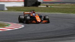 Mclaren driver Fernando Alonso of Spain steers his car during the qualifying session for the Spanish Formula One Grand Prix at the Barcelona Catalunya racetrack in Montmelo, Spain, Saturday, May 13, 2017. The Spanish Formula One Grand Prix will take place on Sunday. (AP Photo/Manu Fernandez)