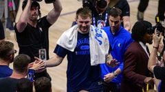 May 12, 2022; Dallas, Texas, USA; Dallas Mavericks guard Luka Doncic (77) walks off the court after the win over the Phoenix Suns during game six of the second round of the 2022 NBA playoffs at the American Airlines Center. Mandatory Credit: Jerome Miron-