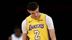 LOS ANGELES, CA - JANUARY 05: Lonzo Ball #2 of the Los Angeles Lakers looks on during the first half of a game against the Charlotte Hornets at Staples Center on January 5, 2018 in Los Angeles, California. NOTE TO USER: User expressly acknowledges and agrees that, by downloading and or using this photograph, User is consenting to the terms and conditions of the Getty Images License Agreement.   Sean M. Haffey/Getty Images/AFP == FOR NEWSPAPERS, INTERNET, TELCOS &amp; TELEVISION USE ONLY ==