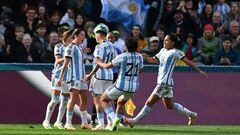 Argentina's midfielder #07 Romina Nunez (2nd L) celebrates with her teammates after scoring her team's second goal during the Australia and New Zealand 2023 Women's World Cup Group G football match between Argentina and South Africa at Dunedin Stadium in Dunedin on July 28, 2023. (Photo by Sanka Vidanagama / AFP)