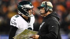 CHICAGO, ILLINOIS - JANUARY 06: Head coach Doug Pederson talks to Nick Foles #9 of the Philadelphia Eagles against the Chicago Bears in the fourth quarter of the NFC Wild Card Playoff game at Soldier Field on January 06, 2019 in Chicago, Illinois.   Stacy Revere/Getty Images/AFP == FOR NEWSPAPERS, INTERNET, TELCOS &amp; TELEVISION USE ONLY ==