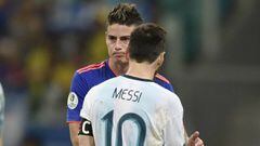 Colombia&#039;s James Rodriguez (L) and Argentina&#039;s Lionel Messi greet each other at the end of their Copa America football tournament group match at the Fonte Nova Arena in Salvador, Brazil, on June 15, 2019. - Colombia won 2-0. (Photo by Juan MABROMATA / AFP)