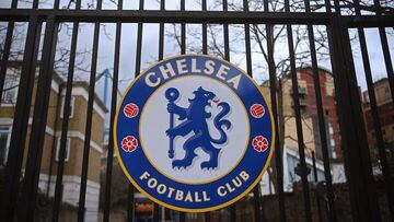 The logo of English Premier League side Chelsea FC on display outside Chelsea's ground at Stamford Bridge
