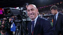President of the Royal Spanish Football Federation Luis Rubiales (C) reacts at the end of the Australia and New Zealand 2023 Women's World Cup final football match between Spain and England at Stadium Australia in Sydney on August 20, 2023. The Spanish football federation (RFEF) on August 26, 2023 threatened to take legal action over Women's World Cup player Jenni Hermoso's "lies" about her kiss with its president Luis Rubiales. (Photo by FRANCK FIFE / AFP)