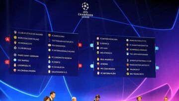 A board displays the result of the draw for UEFA Champions League football tournament at The Grimaldi Forum in Monaco on August 30, 2018. (Photo by Valery HACHE / AFP)
