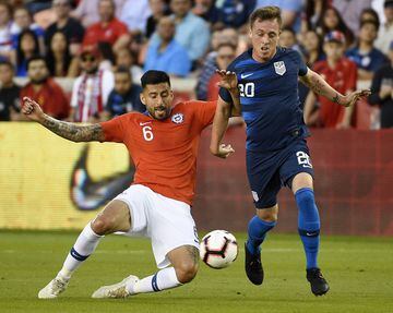 Chile defender Guillermo Maripán (6) and United States forward Corey Baird fight for possession during the first half of an international friendly soccer match, Tuesday, March 26, 2019, in Houston. (AP Photo/Eric Christian Smith)