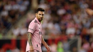 Aug 26, 2023; Harrison, New Jersey, USA; Inter Miami CF forward Lionel Messi (10) looks on against the New York Red Bulls during the second half at Red Bull Arena. Mandatory Credit: Vincent Carchietta-USA TODAY Sports