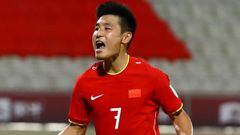 Soccer Football - World Cup - Asia Qualifiers - Second Round - Group A - China v Philippines - Sharjah Football Stadium, Sharjah, United Arab Emirates - June 7, 2021 China&#039;s Wu Lei celebrates scoring their first goal REUTERS/Christopher Pike