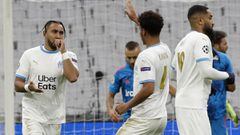 Marseille (France), 01/12/2020.- Olympique Marseille&#039;s Dimitri Payet (L) celebrates a goal with his team mates during the UEFA Champions League Group C soccer match between Olympique Marseille and Olympiacos Piraeus in Marseille, France, 01 December 