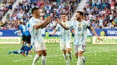 PAMPLONA, SPAIN - JUNE 05: Lionel Messi of Argentina  celebrates with his teammates Carlos Joaquin Correa of Argentina after scoring his team&#039;s third goal during the international friendly match between Argentina and Estonia at Estadio El Sadar on Ju