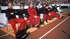 Ronnie Moran, Roy Evans and Joe Fagan on the Liverpool bench.