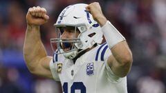 Jan 5, 2019; Houston, TX, USA; Indianapolis Colts quarterback Andrew Luck (12) celebrates after throwing a touchdown pass to wide receiver Dontrelle Inman (not pictured) against the Houston Texans in the second quarter in a AFC Wild Card playoff football 