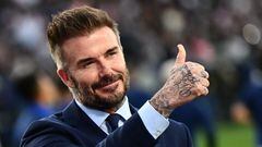 David Beckham, president and co-owner of Inter Miami, gives a thumbs up ahead of the MLS football match between LA Galaxy and Inter Miami FC at Dignity Health Sports Park on February 25, 2024, in Carson California. (Photo by Patrick T. Fallon / AFP)