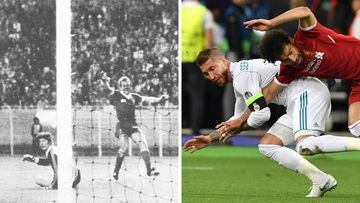 Alan Kennedy bate a Agust&iacute;n en la final de la Copa de Europa de 1981 y Ramos derriba a Salah en la final de Kiev 2018.