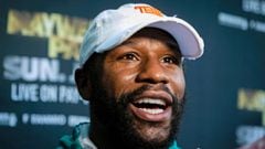 US pro boxer Floyd Mayweather speaks during a press conference at Hard Rock Stadium, in Miami Gardens, Florida, on May 6, 2021. - Former world welterweight king Floyd Mayweather said May 4,2021 he will face off against YouTube personality Logan Paul in an