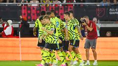 Jul 19, 2023; Washington, DC, USA; Arsenal celebrate after midfielder Jorginho (20) scored against MLS during the second half of the 2023 MLS All Star Game at Audi Field. Mandatory Credit: Brad Mills-USA TODAY Sports