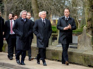 Former goalkeepers Pat Jennings (left), Ray Clemence (centre) and David Seaman (right) arrives at Stoke Minster church for the funeral service of England's former goalkeeper Gordon Banks
