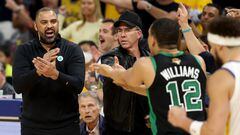 Head coach Ime Udoka of the Boston Celtics reacts to a foul call on Grant Williams #12 during the third quarter against the Golden State Warriors in Game Five of the 2022 NBA Finals at Chase Center in San Francisco, California.