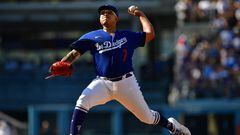 May 13, 2023; Los Angeles, California, USA; Los Angeles Dodgers starting pitcher Julio Urias (7) throws against the San Diego Padres during the second inning at Dodger Stadium. Mandatory Credit: Gary A. Vasquez-USA TODAY Sports