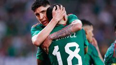 HOUSTON, TEXAS - JUNE 25: Luis Ch�vez #18 of Mexico celebrates his goal against team Honduras with Edson �lvarez #4 during the second half of the Concacaf Gold Cup match at NRG Stadium on June 25, 2023 in Houston, Texas.   Carmen Mandato/Getty Images/AFP (Photo by Carmen Mandato / GETTY IMAGES NORTH AMERICA / Getty Images via AFP)