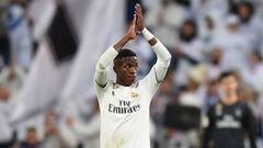 MADRID, SPAIN - FEBRUARY 03:  Vinicius Junior of Real Madrid acknowledges the fans as he is substituted during the La Liga match between Real Madrid CF and Deportivo Alaves at Estadio Santiago Bernabeu on February 03, 2019 in Madrid, Spain. (Photo by Deni