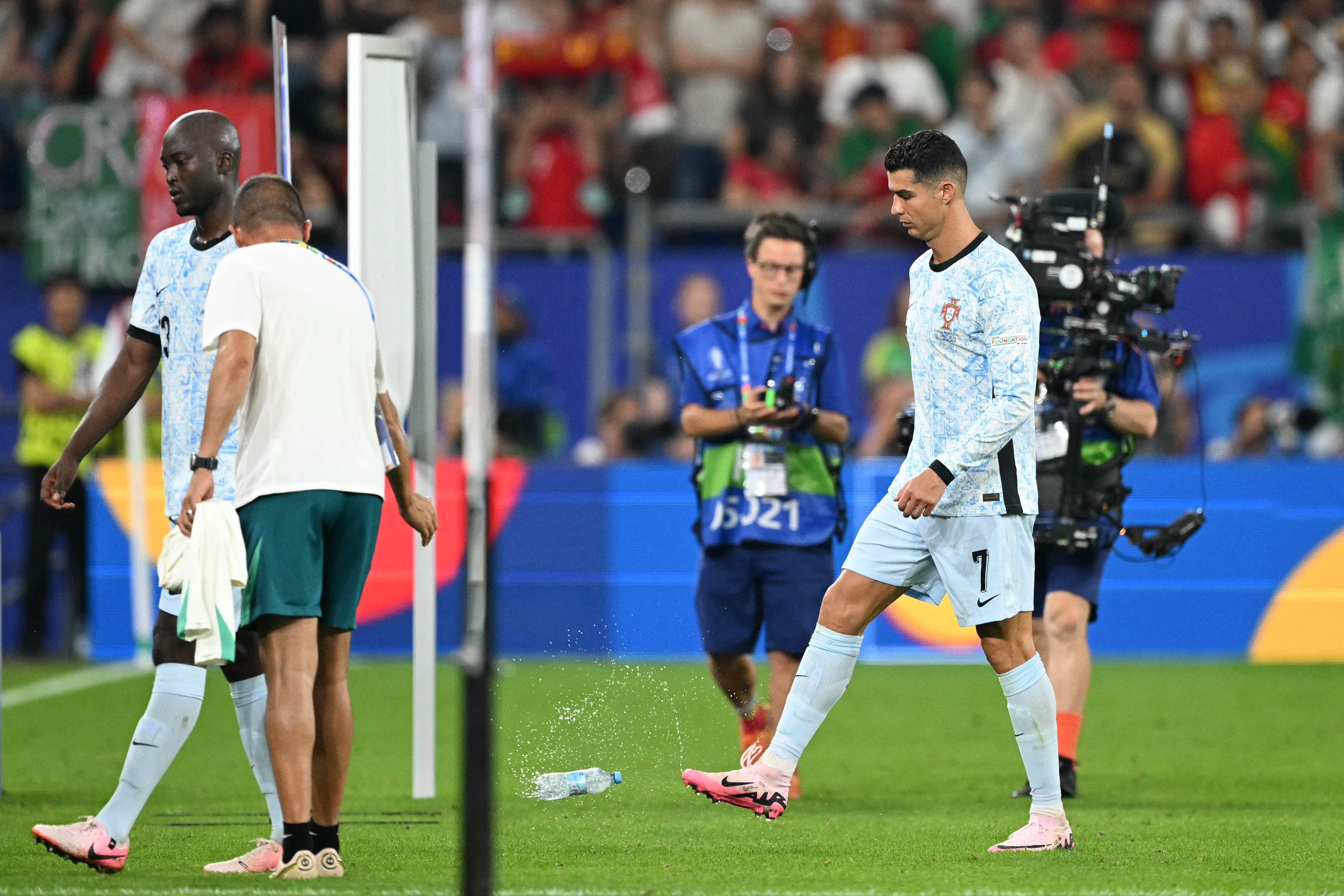 Portugal's forward #07 Cristiano Ronaldo reacts after his team lost the UEFA Euro 2024 Group F football match between Georgia and Portugal at the Arena AufSchalke in Gelsenkirchen on June 26, 2024. (Photo by PATRICIA DE MELO MOREIRA / AFP)