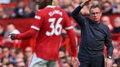 Manchester United interim head coach Ralf Rangnick gestures on the touchline during the Premier League game against Norwich City at Old Trafford.