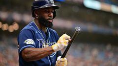 ST PETERSBURG, FLORIDA - OCTOBER 04: Randy Arozarena #56 of the Tampa Bay Rays prepares to bat in the first inning against the Texas Rangers during Game Two of the Wild Card Series at Tropicana Field on October 04, 2023 in St Petersburg, Florida.   Julio Aguilar/Getty Images/AFP (Photo by Julio Aguilar / GETTY IMAGES NORTH AMERICA / Getty Images via AFP)