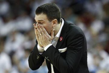 David Padgett, current head coach of the Louisville Cardinals reacts to a play that went against his team during the game against the North Carolina Tar Heels.