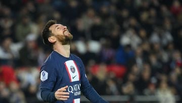 Paris Saint-Germain's Argentine forward Lionel Messi reacts during the French L1 football match between Paris Saint-Germain (PSG) and Toulouse FC at the Parc des Princes stadium in Paris on February 4, 2023. (Photo by FRANCK FIFE / AFP)