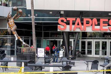 Tables are set up outside the Staples center, at LA Live, where part of the Emmy will take place, September 18, 2020, in Los Angeles California. - No red carpet, no star-studded audience and no "Game of Thrones" -- this year's Emmys honoring the best in t