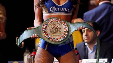 The WBC "Money Belt" is displayed during a news conference with undefeated boxer Floyd Mayweather Jr. of the U.S. and UFC lightweight champion Conor McGregor of Ireland in Las Vegas, Nevada U.S. on August 23, 2017. REUTERS/Las Vegas Sun/Steve Marcus