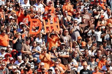 CLEVELAND, OHIO - SEPTEMBER 19: Cleveland Browns fans cheer from the stands in the game against the Houston Texans at FirstEnergy Stadium on September 19, 2021 in Cleveland, Ohio.
