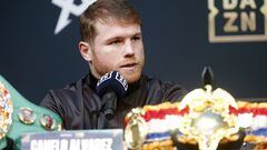 LAS VEGAS, NEVADA - SEPTEMBER 15: Undisputed super middleweight champion Canelo Alvarez responds to a question during a news conference at the KA Theatre at MGM Grand Hotel & Casino on September 15, 2022 in Las Vegas, Nevada. Alvarez will defend his titles against Gennadiy Golovkin at T-Mobile Arena in Las Vegas on Saturday, Sept. 17.   Steve Marcus/Getty Images/AFP