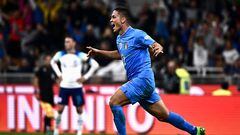Italy's midfielder Giacomo Raspadori celebrates after scoring a goal during the UEFA Nations League's League A Group 3 match between Italy and England, at the San Siro Stadium in Milan on September 23, 2022. (Photo by Marco BERTORELLO / AFP)