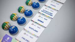 FRANKFURT, GERMANY - OCTOBER 8: A detailed view of the team cards before the UEFA EURO 2024 Qualifying Round Draw at Festhalle Messe Frankfurt on October 8, 2022, in Frankfurt, Germany. (Photo by Lukas Schulze - UEFA/UEFA via Getty Images)