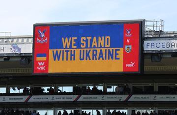 Crystal Palace v Burnley - Selhurst Park, London, Britain - February 26, 2022 The big screen displays a message in support of Ukraine before the match