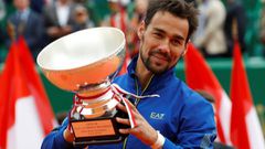 Tennis - ATP 1000 - Monte Carlo Masters - Monte-Carlo Country Club, Roquebrune-Cap-Martin, France - April 21, 2019   Italy&#039;s Fabio Fognini celebrates with the trophy after winning the final against Serbia&#039;s Dusan Lajovic   REUTERS/Eric Gaillard