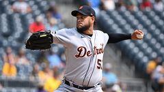 PITTSBURGH, PENNSYLVANIA - AUGUST 2: Eduardo Rodriguez #57 of the Detroit Tigers deliver a pitch in the first inning during the game against the Pittsburgh Pirates at PNC Park on August 2, 2023 in Pittsburgh, Pennsylvania.   Justin Berl/Getty Images/AFP (Photo by Justin Berl / GETTY IMAGES NORTH AMERICA / Getty Images via AFP)