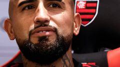 RIO DE JANEIRO, BRAZIL - JULY 18: New signing Arturo Vidal of Flamengo is unveiled at a press conference  at Ninho do Urubu on July 18, 2022 in Rio de Janeiro, Brazil. (Photo by Buda Mendes/Getty Images)
