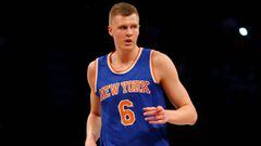 NEW YORK, NY - FEBRUARY 19: Kristaps Porzingis #6 of the New York Knicks celebrates his three point shot in the first half against the Brooklyn Nets at Barclays Center on February 19, 2016 in the Brooklyn borough of New York City. NOTE TO USER: User expressly acknowledges and agrees that, by downloading and or using this photograph, User is consenting to the terms and conditions of the Getty Images License Agreement.   Elsa/Getty Images/AFP == FOR NEWSPAPERS, INTERNET, TELCOS &amp; TELEVISION USE ONLY ==