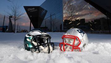 Jan 31, 2018; Minneapolis, MN, USA; General overall view of Philadelphia Eagles and New England Patriots helmets at U.S. Bank Stadium prior to Super Bowl LII. Mandatory Credit: Kirby Lee-USA TODAY Sports