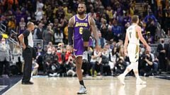 INDIANAPOLIS, INDIANA - NOVEMBER 24: LeBron James #6 of the Los Angeles Lakers celebrates in the 124-116 OT win against the Indiana Pacers at Gainbridge Fieldhouse on November 24, 2021 in Indianapolis, Indiana. NOTE TO USER: User expressly acknowledges an