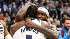 MINNEAPOLIS, MN - APRIL 12: Patrick Beverley #22 and Anthony Edwards #1 of the Minnesota Timberwolves celebrate a 109-104 victory against the Los Angeles Clippers to advance to the NBA Playoffs during a Play-In Tournament game at Target Center on April 12