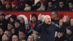 Manchester United's Dutch manager Erik ten Hag reacts during the English Premier League football match between Manchester United and Leeds United at Old Trafford in Manchester, north west England, on February  8, 2023. (Photo by Oli SCARFF / AFP) / RESTRICTED TO EDITORIAL USE. No use with unauthorized audio, video, data, fixture lists, club/league logos or 'live' services. Online in-match use limited to 120 images. An additional 40 images may be used in extra time. No video emulation. Social media in-match use limited to 120 images. An additional 40 images may be used in extra time. No use in betting publications, games or single club/league/player publications. / 